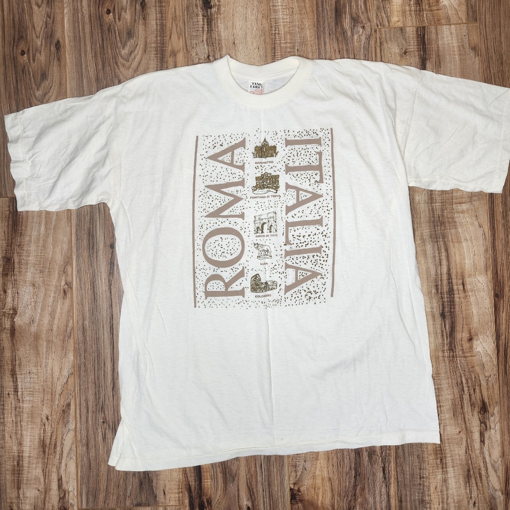 Vintage 80s Task Force Roma Italia Off White Graphic T-Shirt XXL Rare Rome Italy